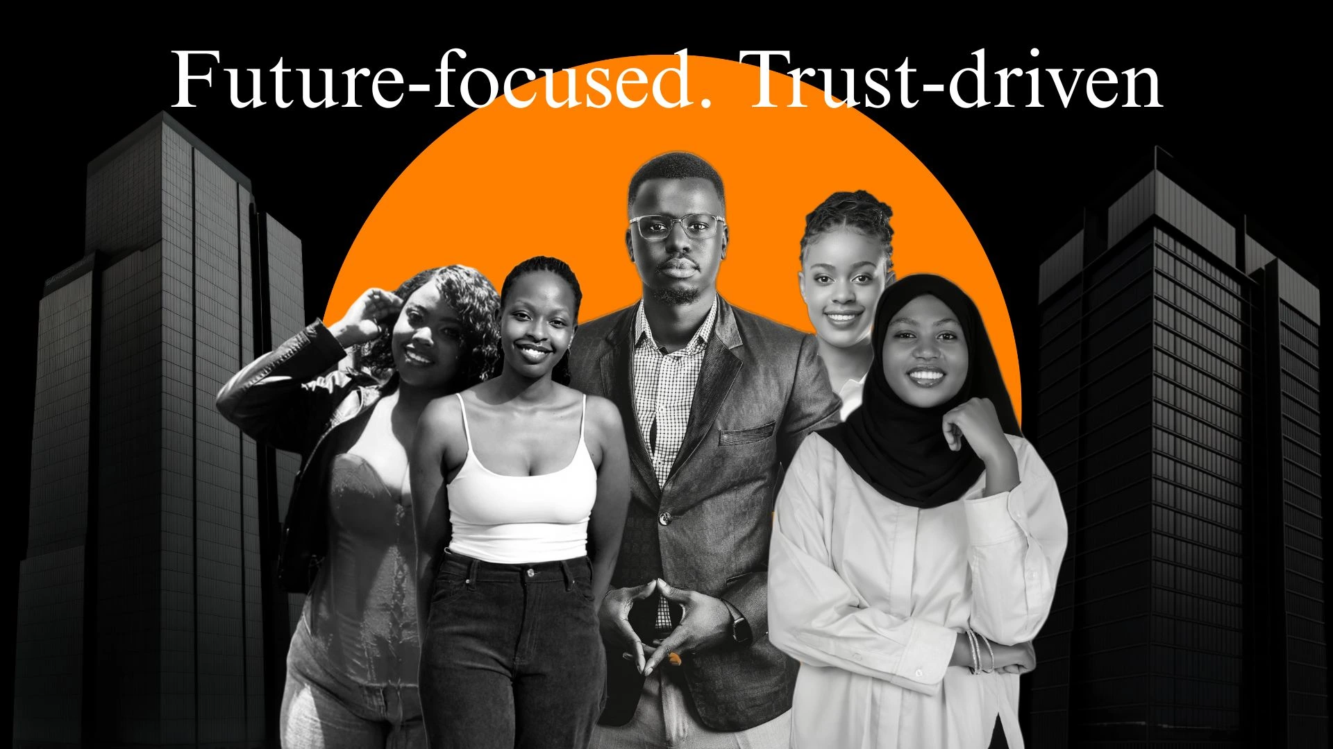 A group of Yac Collective team members standing together in front of a backdrop of futuristic African skyscrapers, with the words ‘Future Focused, Trust Driven’ displayed above them.