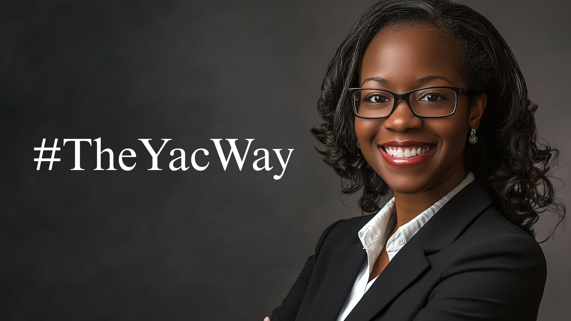 A confident Black woman in a sleek suit standing against a dark backdrop with her arms crossed and smiling, with the text “#theyacway” beside her.