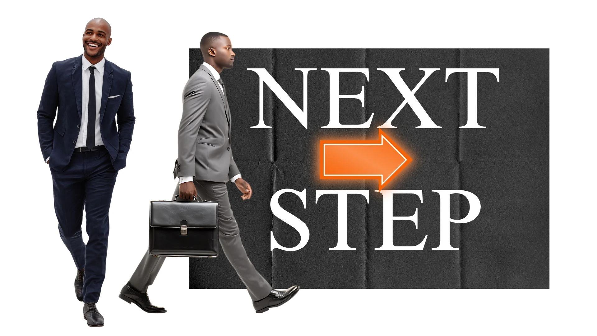 Two men walking forward beside a large glowing orange neon arrow pointing ahead, symbolizing momentum and direction.